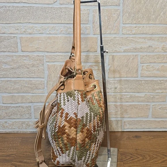 Genuine Leather Woven Bucket Bag Boho Tassel Drawstring Convertible Crossbody - Picture 2 of 12